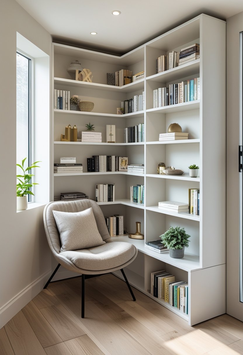 A corner bookshelf with white shelves filled with books and decorations next to a cozy reading chair and a small plant in a bright room.